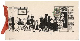 Several characters dressed in Victorian clothing enter a door with a Christmas wreath and outsi…