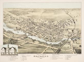 A pictorial map, dated 1874, of Napanee, Ontario, depicting buildings and streets and the Napan…