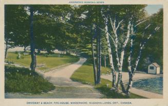 Picture shows a dirt driveway leading off a road, going up to a beach,