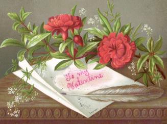 A flat card with an image of red flowers sitting on a desk beside a sheet of paper and a quill.…