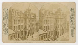 Pictures show a row of large buildings on the north side of a city street. Two buildings are in…