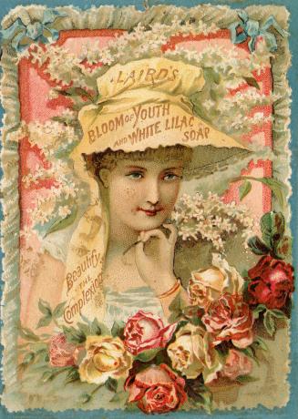 Colour trade card advertisement depicting an illustration of a lady in a bonnet with clear, pal…