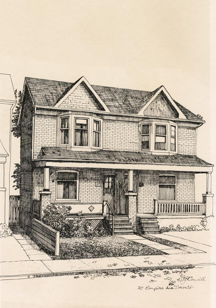 An illustration of a two-story residential townhouse with a covered porch. The address sign of …