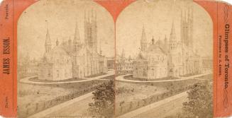 Stereo photograph showing a long range view of the very large church in the the style of French…