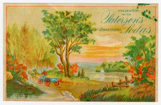 Colour trade card advertisement for Paterson's Sodas, depicting an illustration of a nature sce…