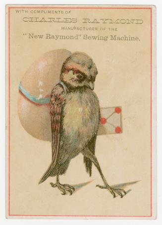 Colour trade card advertisement for the Charles Raymond sewing machine. The front of the card d…