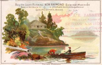 Colour trade card advertisement for the Charles Raymond sewing machine. The front of the card d…