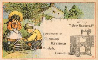 Colour trade card advertisement for the Charles Raymond sewing ma. chine. The front of the card…