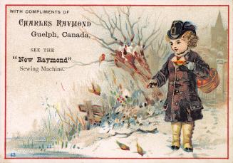 Colour trade card advertisement for the Charles Raymond sewing machine. The front of the card d…