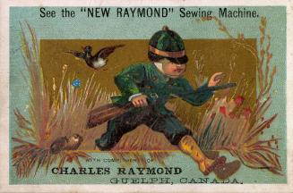 Colour trade card advertisement for the Charles Raymond sewing machine. The front of the card d…