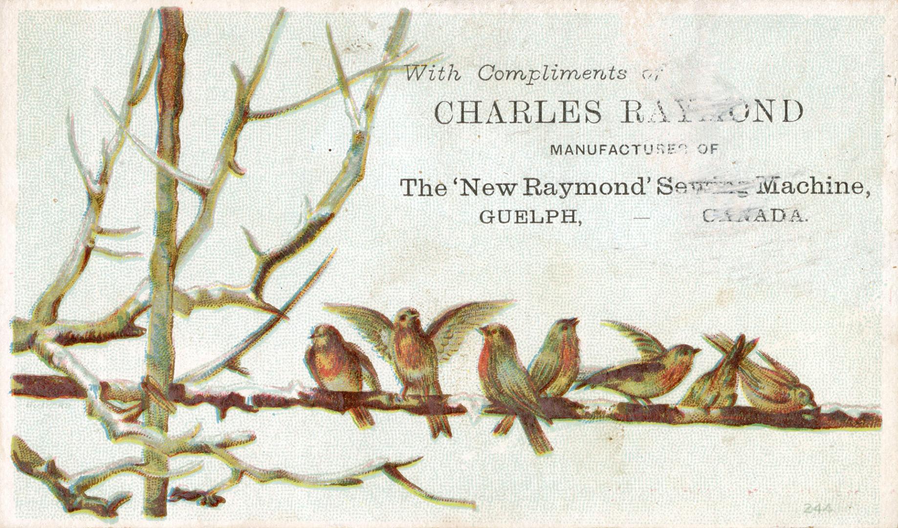 Colour trade card advertisement for the Charles Raymond sewing machine. The front of the card d…