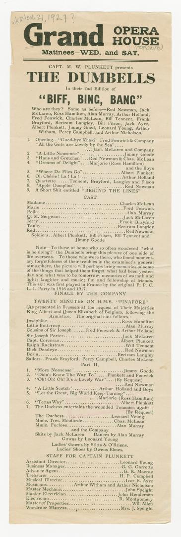 Playbill advertising the Dumbells' revue, "Biff! Bing! Bang!" at the Grand Opera House (Toronto…