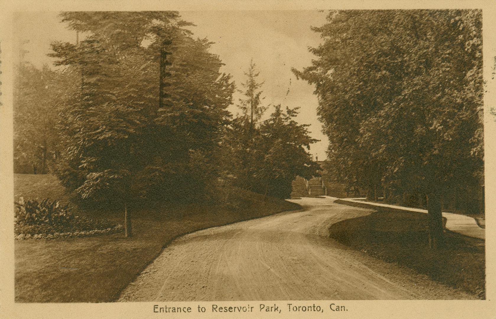 Black and white photograph of a dirt road and wooden board walk in a wooded area.