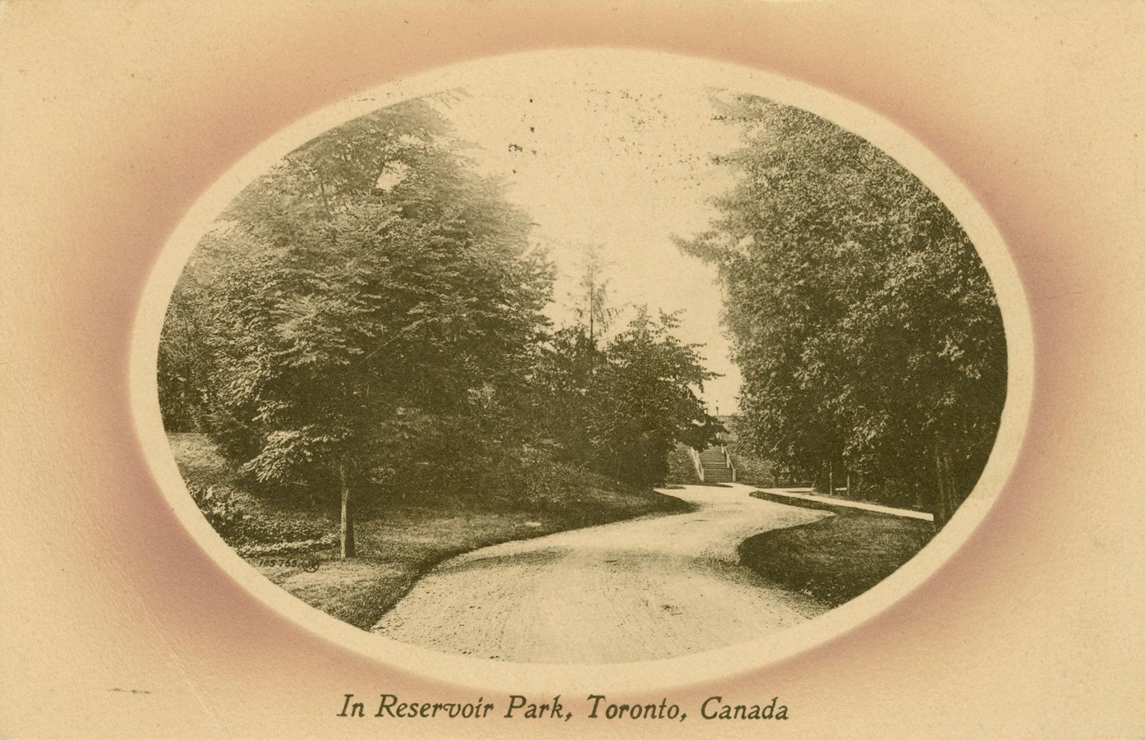 Black and white photograph of a road running through a wooded area.