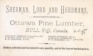 Black and white trade card advertisement consisting of text stating, "Sherman, Lord and Hurdman…