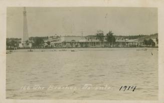 View of a lake with amusement park in the background. 