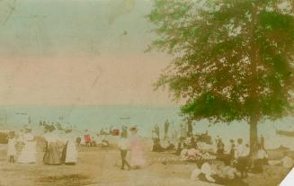 People at a beach in the water and on the shore. 