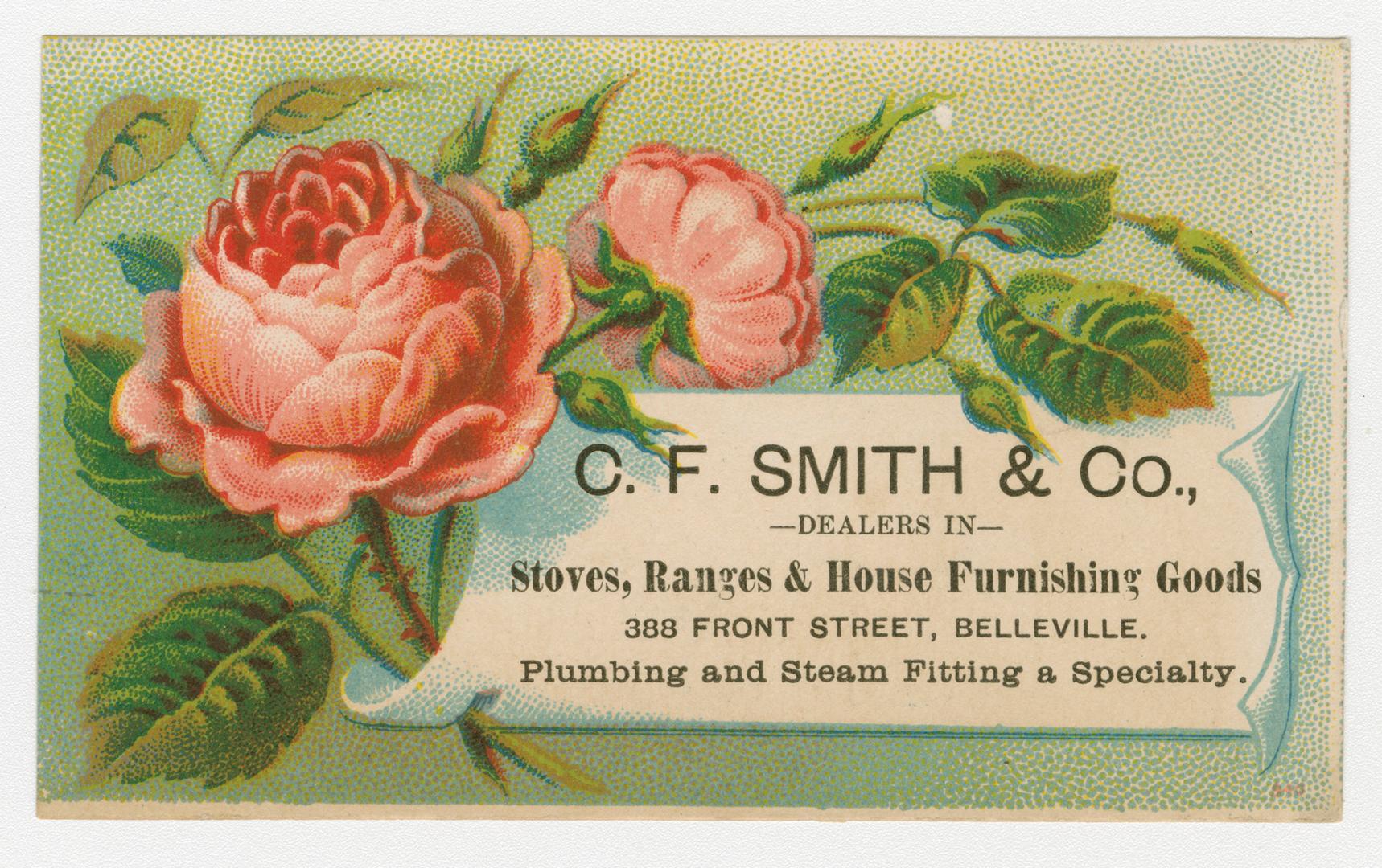 Colour trade card advertisement depicting an illustration of pink flowers with caption, "C.F. S…