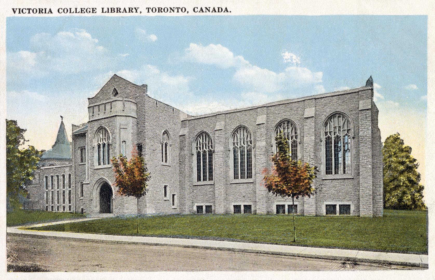 Large stone library building. 