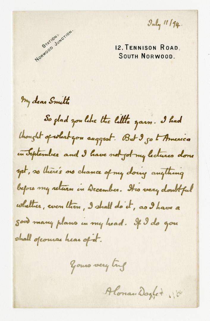 Manuscript letter in Arthur Conan Doyle's handwriting. 