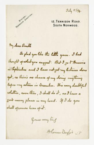 Manuscript letter in Arthur Conan Doyle's handwriting. 