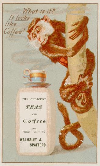 Colour trade card advertisement depicting an illustration of a monkey looking at a cup of coffe…