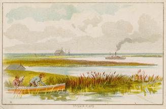 Colour trade card advertisement depicting a shoreline with two people in a canoe with caption "…