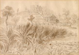 An illustration of a settlement located on a hill beside a river, with two wood buildings surro…