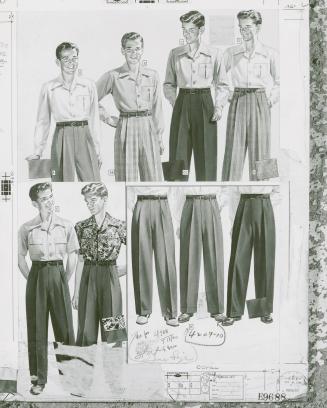 A photograph of a mock-up of a page from a catalogue, with illustrations of boys wearing a vari…