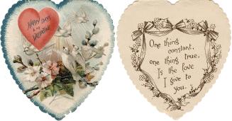 A heart-shaped card with doves and flowers on the front. Inside is a verse with a border of lin…