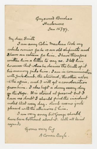 Manuscript letter in Arthur Conan Doyle's handwriting. 