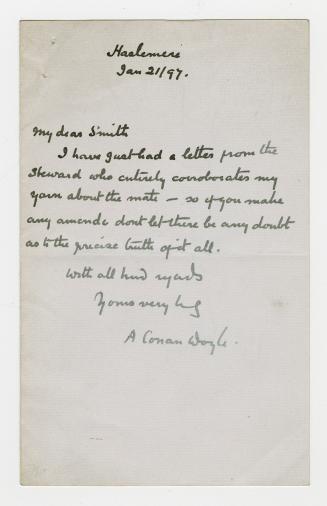 Manuscript letter in Arthur Conan Doyle's handwriting. 