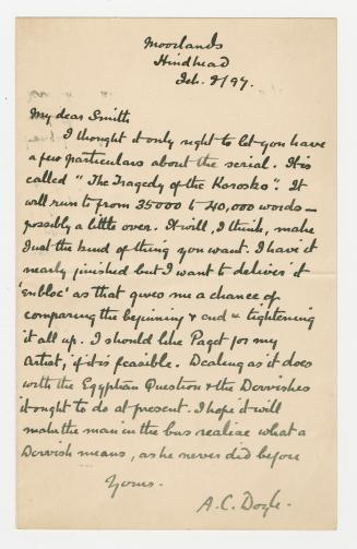 Manuscript letter in Arthur Conan Doyle's handwriting. 