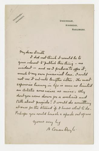 Manuscript letter in Arthur Conan Doyle's handwriting. 