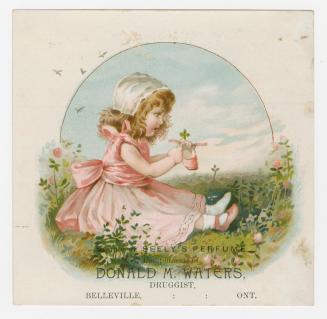 Colour trade card advertisement depicting an illustration of a girl in a pink dress holding a f…