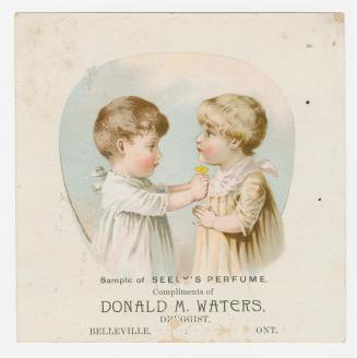 Colour trade card advertisement depicting an illustration of two children facing each other whi…