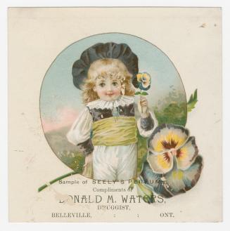 Colour trade card advertisement depicting an illustration of a child with a big black hat holdi…