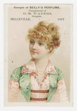 Colour trade card advertisement depicting an illustration of a female gazing to her right. Capt…