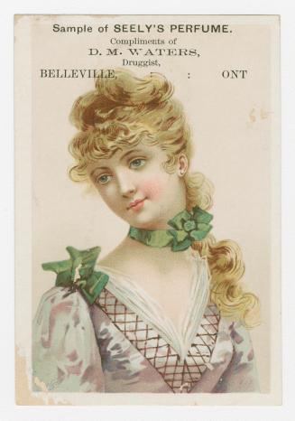 Colour trade card advertisement depicting an illustration of a female with a green bow around h…