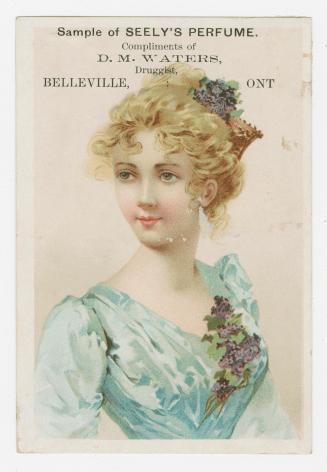 Colour trade card advertisement depicting an illustration of a female in a turquoise blue dress…