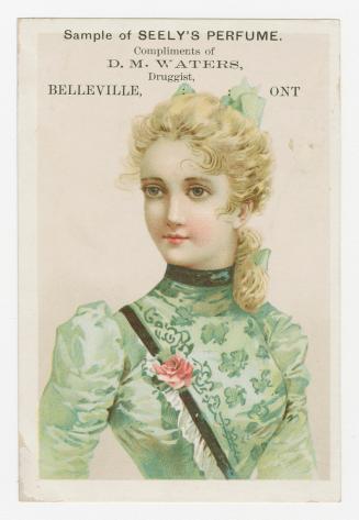 Colour trade card advertisement depicting an illustration of a female in a green dress. Caption…