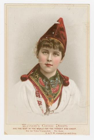 Colour trade card advertisement depicting an illustration of a lady in a red cap wearing an eth…