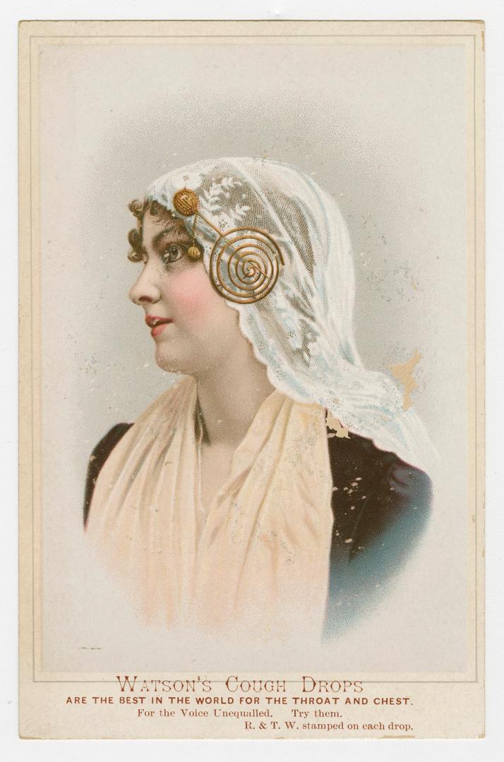 Colour trade card advertisement depicting an illustration of a lady wearing a white lace headsc…