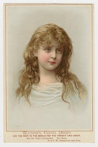 Colour trade card advertisement depicting an illustration of a female with golden sandy hair lo…