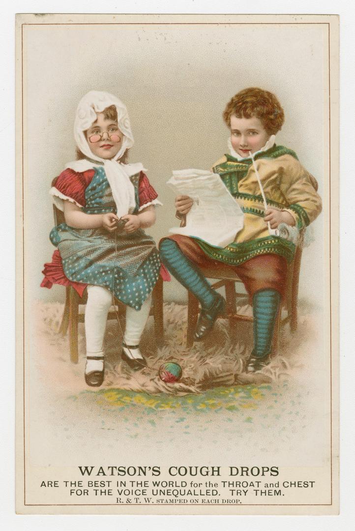 Colour trade card advertisement depicting an illustration of a girl and boy sitting together on…