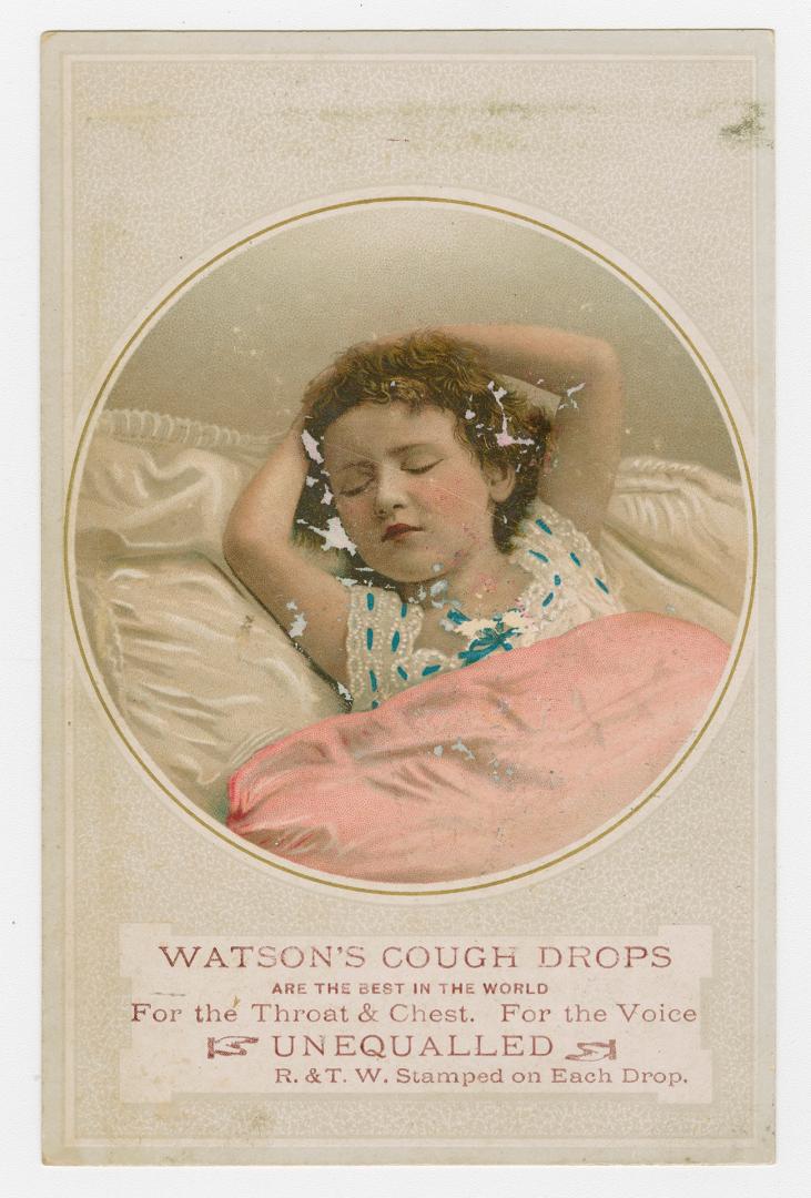 Colour trade card advertisement depicting an illustration of a girl lying in bed. The caption a…