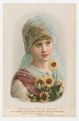 Colour trade card advertisement depicting an illustration of a female with a pale blue scarf on…