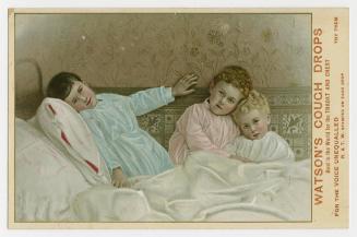 Colour trade card advertisement depicting an illustration of three children sitting back on a b…