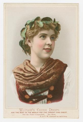 Colour trade card advertisement depicting an illustration of a lady with a wreath of green leav…