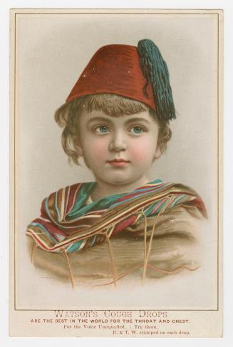 Colour trade card advertisement depicting an illustration of a child wearing a red cap and a co…